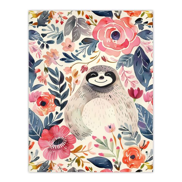 "Artery8 Happy Sloth Smiling Pink Anemone Floral Pattern Wall Art Print - Size: W12"" x H16""" - image 1