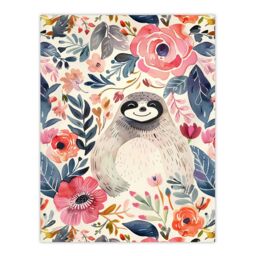 "Artery8 Happy Sloth Smiling Pink Anemone Floral Pattern Wall Art Print - Size: W12"" x H16""" - thumbnail 1