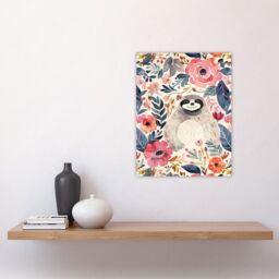 "Artery8 Happy Sloth Smiling Pink Anemone Floral Pattern Wall Art Print - Size: W12"" x H16""" - thumbnail 4