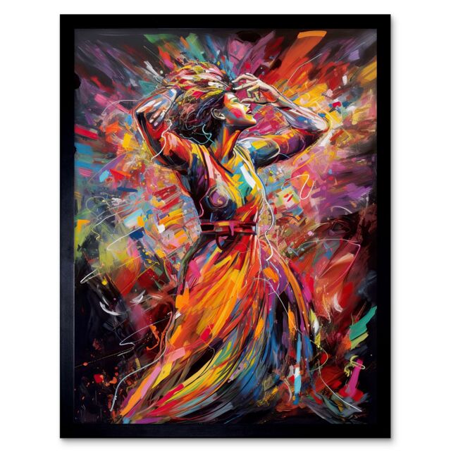 "Artery8 Wall Art Print Happy Woman Dancing to Music Modern Vibrant Colour Art Framed in Black - Size: W12"" x H16""" - image 1