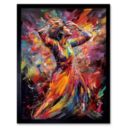 "Artery8 Wall Art Print Happy Woman Dancing to Music Modern Vibrant Colour Art Framed in Black - Size: W12"" x H16""" - thumbnail 1