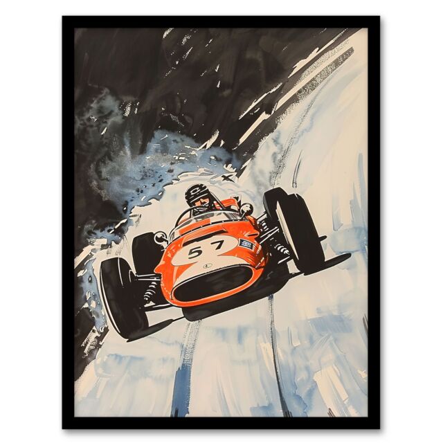 Artery8 Vintage Automobile Racing Watercolour Framed Art Print in Grey - Size: A4 - image 1
