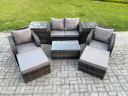 Fimous 6 Seater Outdoor Lounge Sofa Set Rattan Garden Furniture Set with Rectangular Coffee Table 2 Big Footstool in Dark Grey - thumbnail 1