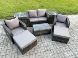 Fimous 6 Seater Outdoor Lounge Sofa Set Rattan Garden Furniture Set with Rectangular Coffee Table 2 Big Footstool in Dark Grey - thumbnail 2