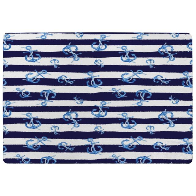 Benjamin Tate Design Blue Anchors On Navy Striped Rug in Natural - Size: Large - image 1