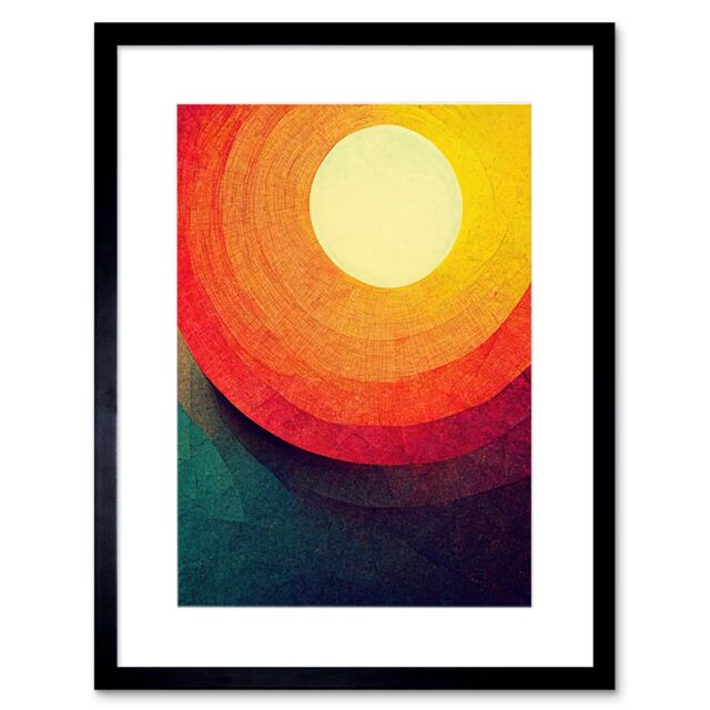 "Artery8 Wall Art Print Abstract Sunrise Sunset Sunshine Retro Style Yellow Orange Cream Teal Artwork Framed 9X7 Inch in Black - Size: W7"" x H9""" - image 1