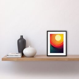 "Artery8 Wall Art Print Abstract Sunrise Sunset Sunshine Retro Style Yellow Orange Cream Teal Artwork Framed 9X7 Inch in Black - Size: W7"" x H9""" - thumbnail 2