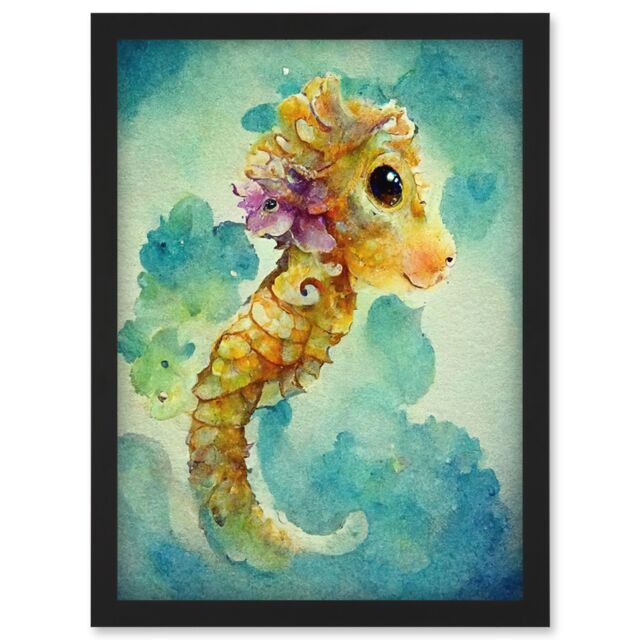 Artery8 Cute Baby Seahorse Kids Bedroom Watercolour Illustration Artwork Framed Wall Art Print A4 in Black - image 1