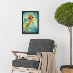 Artery8 Cute Baby Seahorse Kids Bedroom Watercolour Illustration Artwork Framed Wall Art Print A4 in Black - thumbnail 2