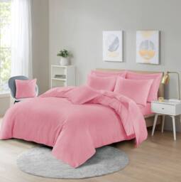 Homes-Linen Plain Dyed Polycotton Duvet Cover Set with Pillowcases in Pink - Size: Double