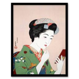 Artery8 Goyo Hashiguchi Framed Wall Art Print Woman Applying Rouge Lipstick in Green - Size: A4 - thumbnail 1
