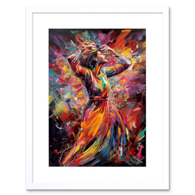 "Artery8 Wall Art Print Happy Woman Dancing to Music Modern Vibrant Colour Artwork Framed 9X7 Inch in White - Size: W7"" x H9""" - image 1