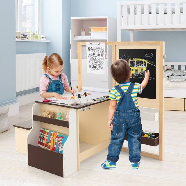 Costway Kids Art Easel & Table & Bench Set Wooden Art Center w/ Blackboard in Brown - image 1