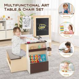 Costway Kids Art Easel & Table & Bench Set Wooden Art Center w/ Blackboard in Brown - thumbnail 8