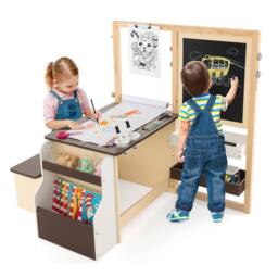 Costway Kids Art Easel & Table & Bench Set Wooden Art Center w/ Blackboard in Brown - thumbnail 3