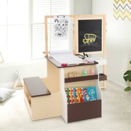 Costway Kids Art Easel & Table & Bench Set Wooden Art Center w/ Blackboard in Brown - thumbnail 4
