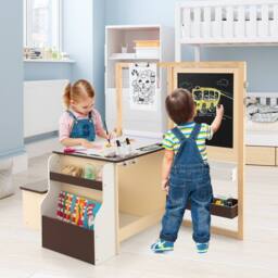Costway Kids Art Easel & Table & Bench Set Wooden Art Center w/ Blackboard in Brown