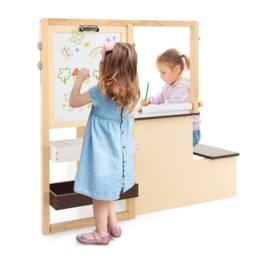 Costway Kids Art Easel & Table & Bench Set Wooden Art Center w/ Blackboard in Brown - thumbnail 5