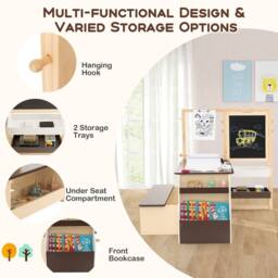 Costway Kids Art Easel & Table & Bench Set Wooden Art Center w/ Blackboard in Brown - thumbnail 7