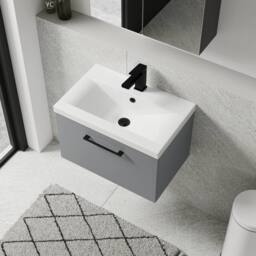 Balterley 600mm Wall Hung 1 Drawer Vanity Basin Unit, Satin Grey, Black Handle in Grey - thumbnail 3