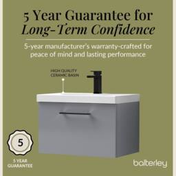 Balterley 600mm Wall Hung 1 Drawer Vanity Basin Unit, Satin Grey, Black Handle in Grey - thumbnail 6