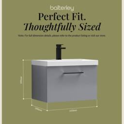 Balterley 600mm Wall Hung 1 Drawer Vanity Basin Unit, Satin Grey, Black Handle in Grey - thumbnail 5