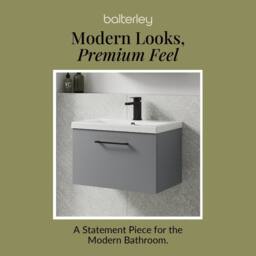Balterley 600mm Wall Hung 1 Drawer Vanity Basin Unit, Satin Grey, Black Handle in Grey - thumbnail 7