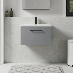Balterley 600mm Wall Hung 1 Drawer Vanity Basin Unit, Satin Grey, Black Handle in Grey - thumbnail 2
