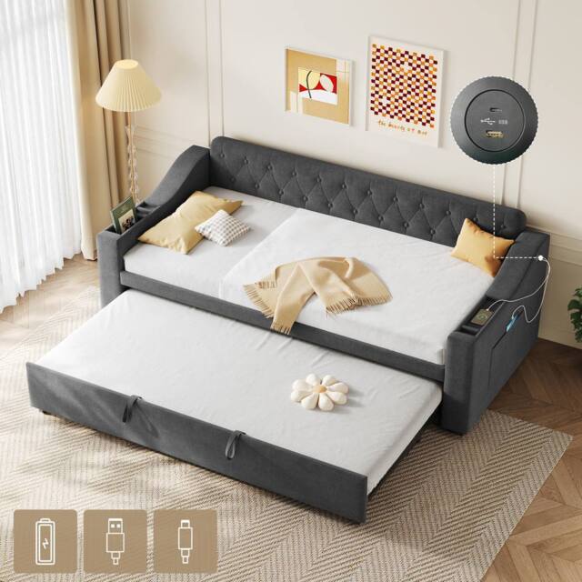 Matteo Grey Linen Upholstered 3ft Single Daybed with Charging & Trundle - image 1