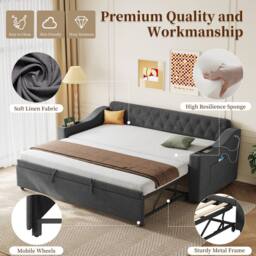 Matteo Grey Linen Upholstered 3ft Single Daybed with Charging & Trundle - thumbnail 9