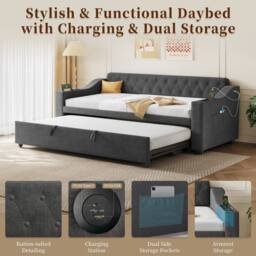 Matteo Grey Linen Upholstered 3ft Single Daybed with Charging & Trundle - thumbnail 8
