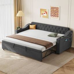 Matteo Grey Linen Upholstered 3ft Single Daybed with Charging & Trundle - thumbnail 3
