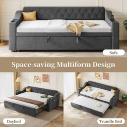 Matteo Grey Linen Upholstered 3ft Single Daybed with Charging & Trundle - thumbnail 6