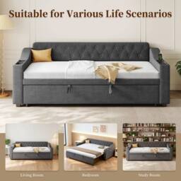 Matteo Grey Linen Upholstered 3ft Single Daybed with Charging & Trundle - thumbnail 7