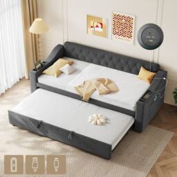 Matteo Grey Linen Upholstered 3ft Single Daybed with Charging & Trundle - thumbnail 1