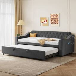 Matteo Grey Linen Upholstered 3ft Single Daybed with Charging & Trundle - thumbnail 2