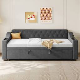 Matteo Grey Linen Upholstered 3ft Single Daybed with Charging & Trundle - thumbnail 5