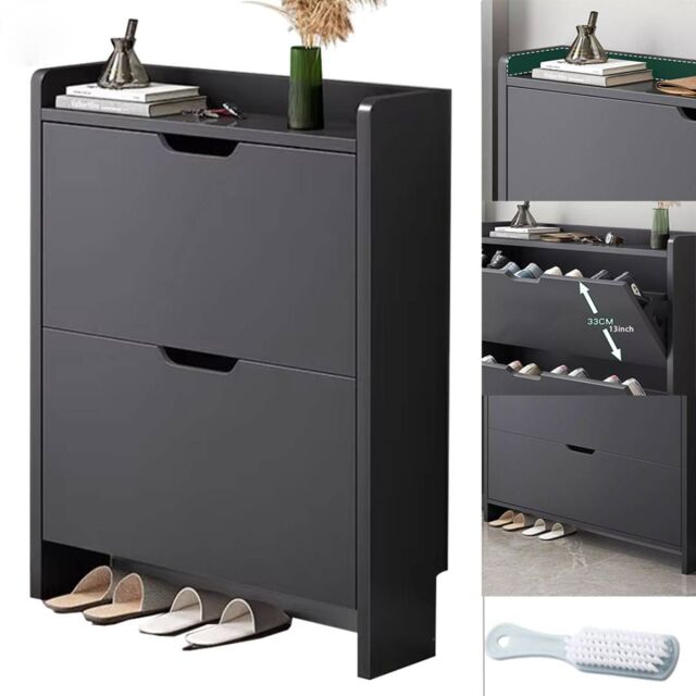 VOGREX 2 Drawer Shoe Rack Shoes Storage Cabinet Wooden Cupboard Organiser in Black - image 1