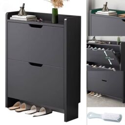 VOGREX 2 Drawer Shoe Rack Shoes Storage Cabinet Wooden Cupboard Organiser in Black