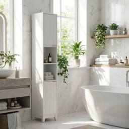 FORGEVIO Wooden Tall 2 Door Open Shelves Bathroom Cabinet Storage in White - thumbnail 7