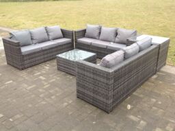 Fimous 9 Seater U Shape Rattan Garden Furniture Set Patio Outdoor Lounge Sofa With Footstool Dark Grey Mixed - thumbnail 2