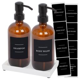 Harbour Housewares 2pc Glass Soap Dispenser Set with Ceramic Tray & Labels in Orange
