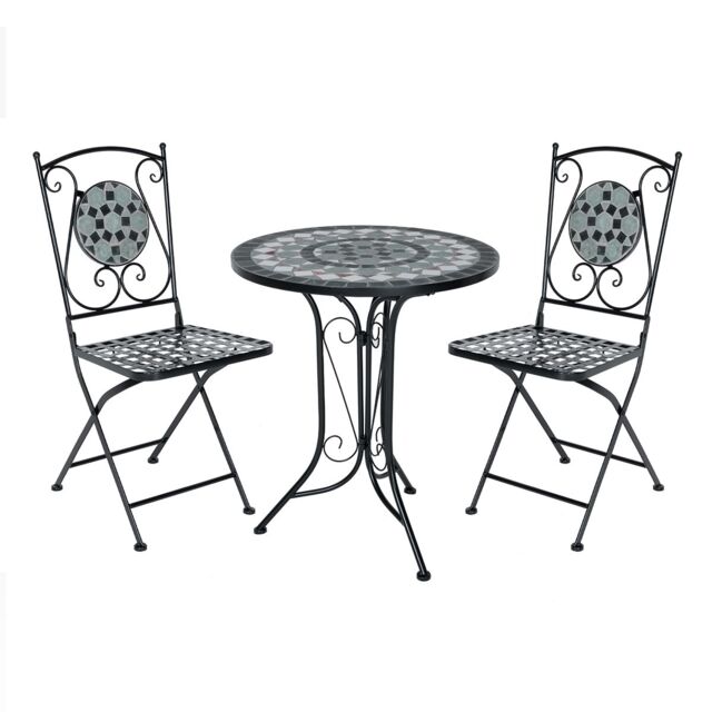 Charles Bentley 3 Piece Wrought Iron Mosaic Bistro Set Table & 2 Chairs in Black - image 1