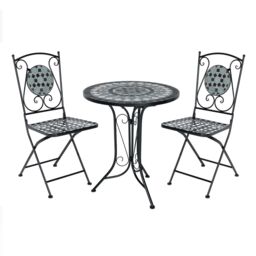 Charles Bentley 3 Piece Wrought Iron Mosaic Bistro Set Table & 2 Chairs in Black - thumbnail 1