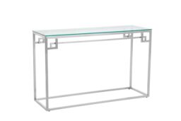 Orsina Tempered Glass Silver Finish Console Table, Stainless Steel Frame With Geometric Design, Glass Top - thumbnail 2