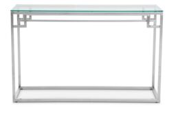 Orsina Tempered Glass Silver Finish Console Table, Stainless Steel Frame With Geometric Design, Glass Top - thumbnail 1