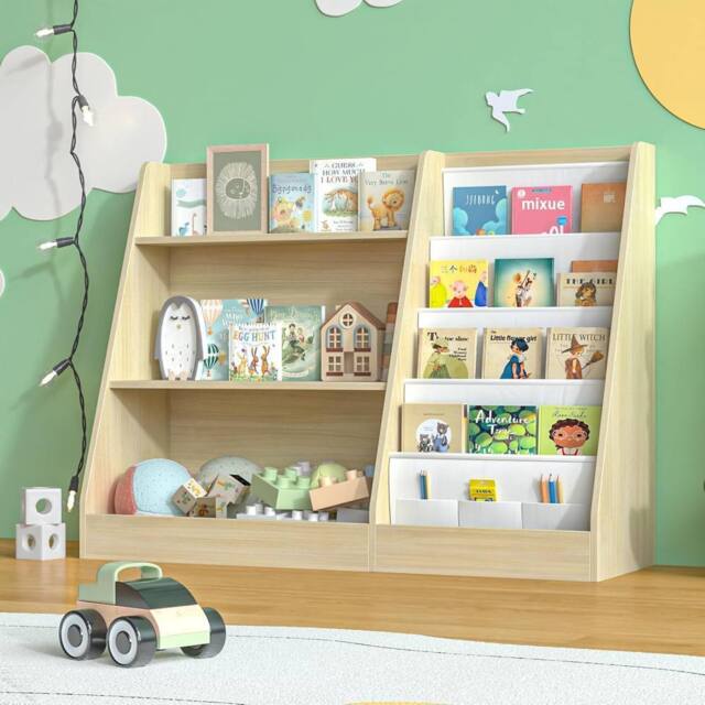 Huhote Kids Bookshelf Bookcase Book Toy Storage for Bedroom Playroom Wooden in Light Oak - image 1