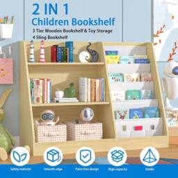 Huhote Kids Bookshelf Bookcase Book Toy Storage for Bedroom Playroom Wooden in Light Oak - thumbnail 4