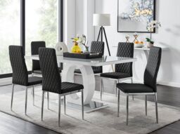 FurnitureboxUK Giovani 6-Seater Grey Glass Dining Table & 6 Milan Faux Leather Dining Chairs in Black