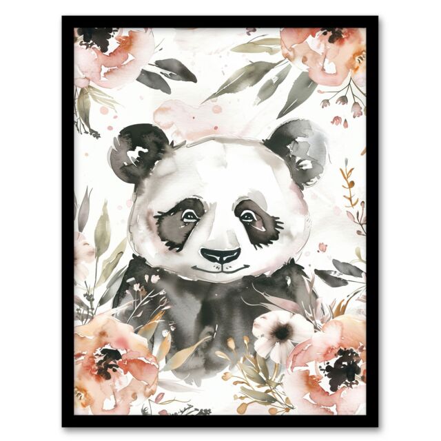 "Artery8 Sweet Panda Watercolour Portrait Wildflowers Cute Framed Art Print in Grey - Size: W12"" x H16""" - image 1